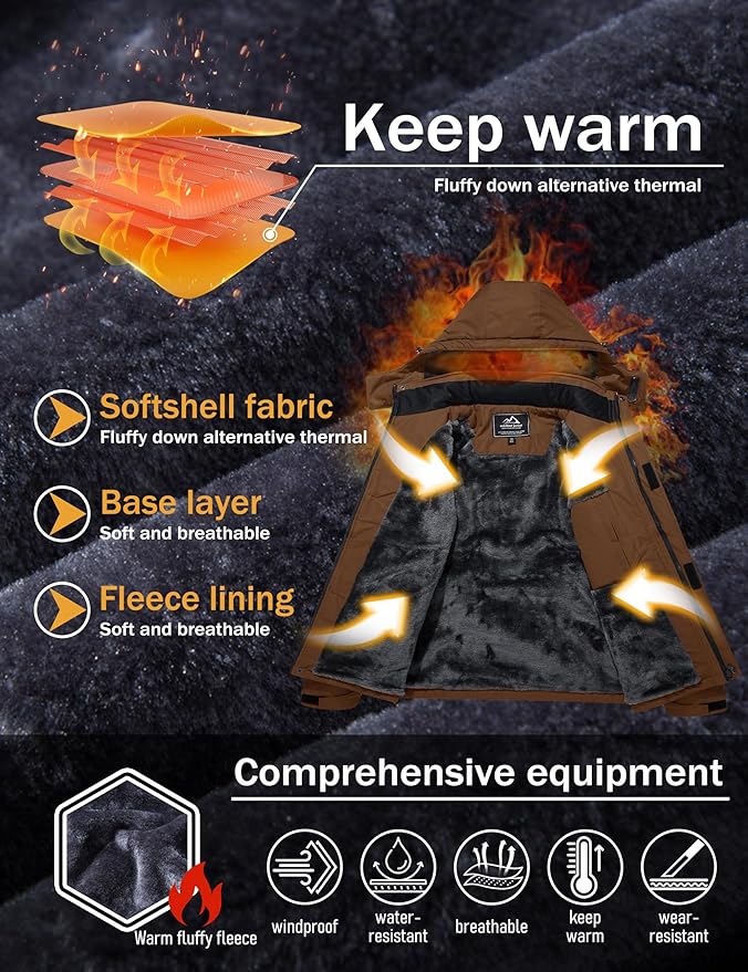 MAGCOMSEN Men's Winter Coats Water Resistant Ski Snow Jacket Warm Fleece Jacket Parka Raincoats With Multi-Pockets