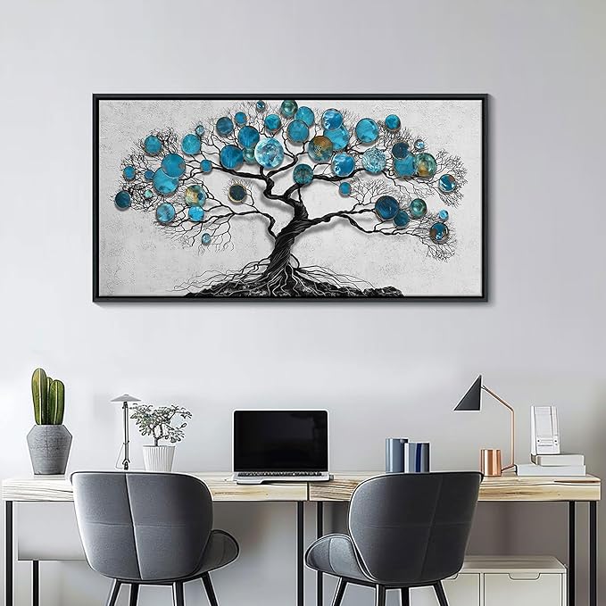 CHATYOUNG Wall Art Living Room - Large Art Teal Blue Tree Abstract Landscape Modern Paintings Black Framed Artwork for Bedroom Dining Room Office Kitchen Home Decor 58"x29"