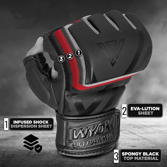 WYOX MMA Gloves for Men & Women – Grappling & Sparring Boxing Gloves with Open Palm Design, Padded Fingerless Training Gloves for Kickboxing, Muay Thai, Youth & Heavy Bag Workouts