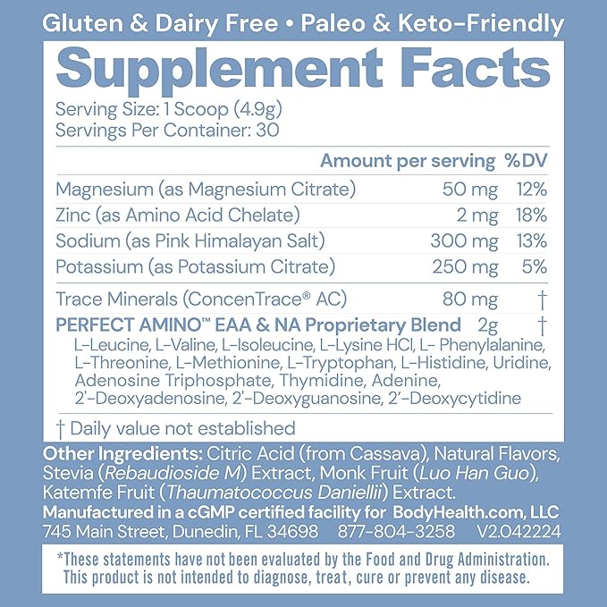 BodyHealth PerfectAmino Electrolytes Powder No Sugar, Hydration Fasting Keto Zero Sugar Electrolytes Drink Mix with Trace Minerals - Passion Fruit - 30 Servings