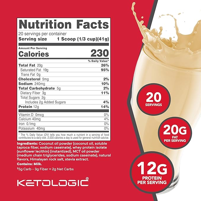 Ketologic Keto Meal Replacement Shake Powder for Optimal Results + MCT Oil + Grass-Fed Whey - Perfectly Formulated Macros for Ketosis - 20 Servings - Vanilla