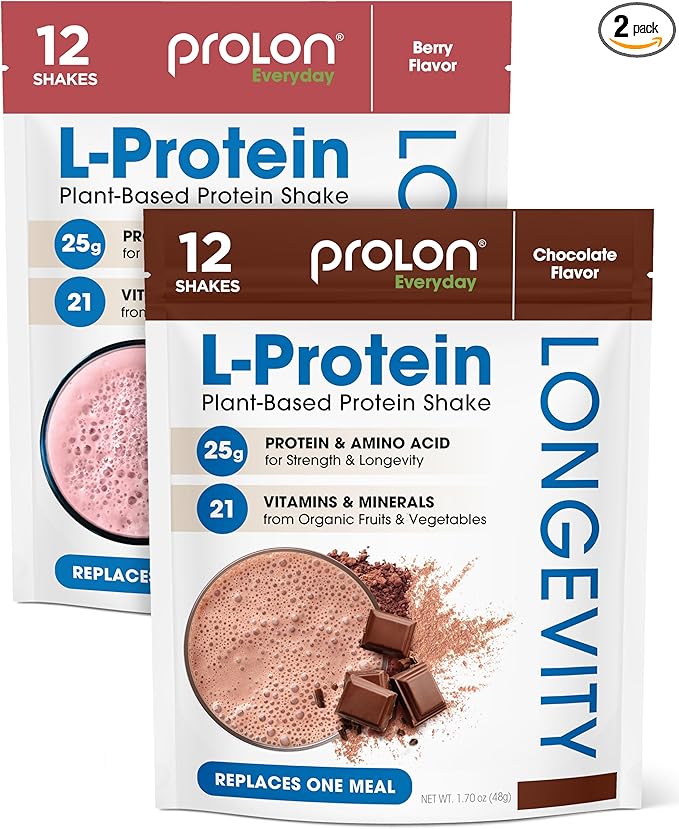 Prolon Longevity Plant Based Protein Powder | Muscle Synthesis & Repair, Healthy Aging, Boost Performance | Vitamins, Gluten Free, Amino Acids | 25g of Protein | Chocolate and Berry, 24 Packets