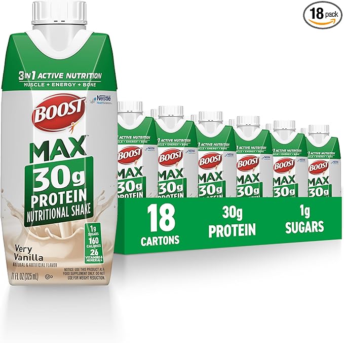 BOOST MAX Protein Shakes Ready to Drink - 30g High Protein Shake - Vanilla | Nutritional Drinks to Support Muscle Recovery After Exercise, 26 Vitamins & Minerals, 1g Sugar, 11 fl oz (Pack of 18)