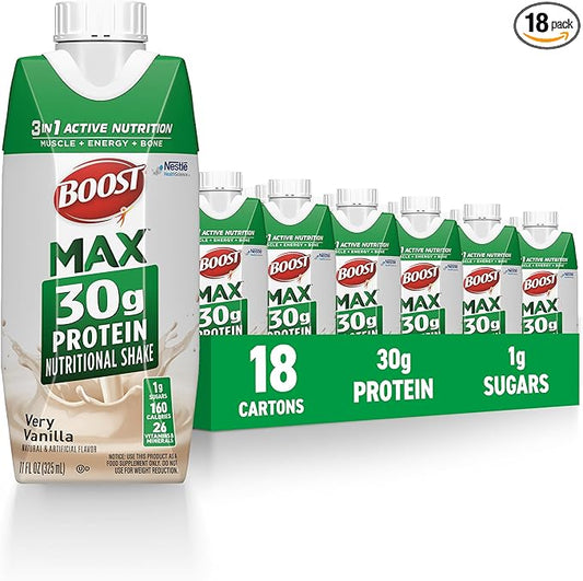 BOOST MAX Protein Shakes Ready to Drink - 30g High Protein Shake - Vanilla | Nutritional Drinks to Support Muscle Recovery After Exercise, 26 Vitamins & Minerals, 1g Sugar, 11 fl oz (Pack of 18)