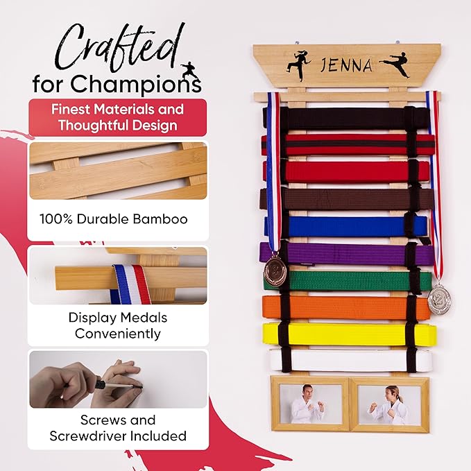Karate Belt Display Rack - Bamboo 10 Taekwondo Belt Display with Customization Stickers, 2 Picture Frames, Self-Adhesive Adjustable Strips & Hanging Kit Taekwondo Gifts