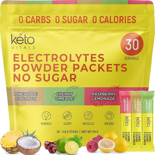 Keto Vitals Tropical Keto Electrolytes Powder No Sugar - Keto Electrolytes Stickpacks with Potassium, Magnesium, Sodium, & Calcium - Sugar Free Electrolyte Drink Mix & Hydration Powder, 30 Serving