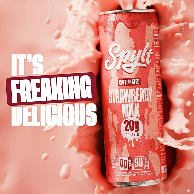 High Protein Strawberry Milk with 60mg Caffeine & 20g Protein - 90 Calories, Ready to Drink, Sugar Free, Lactose Free Milk, Perfect for Workout Recovery & Afternoon Pick Me Up - 12 Count