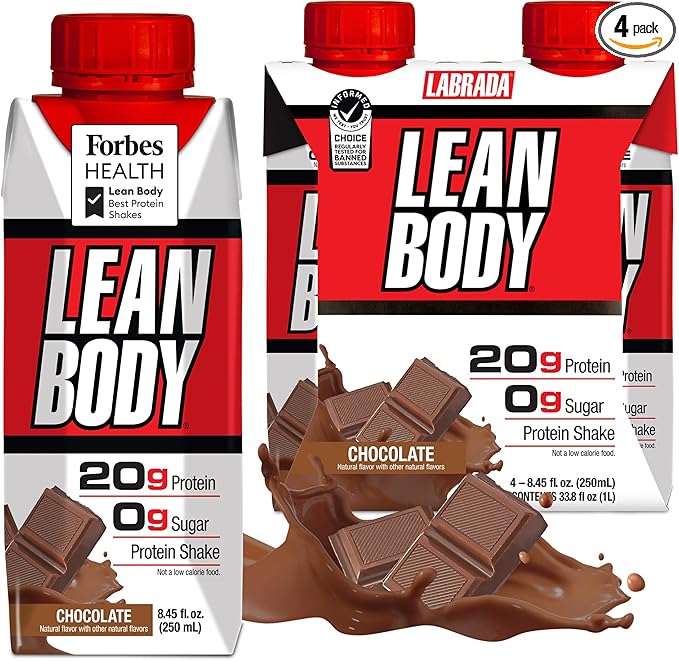 Labrada Lean Body Ready-to-Drink Chocolate Shake, 20g Protein, Whey Blend, 0 Sugar, Gluten Free, 22 Vitamins & Minerals, (Recyclable Carton & Lid - Pack of 4)