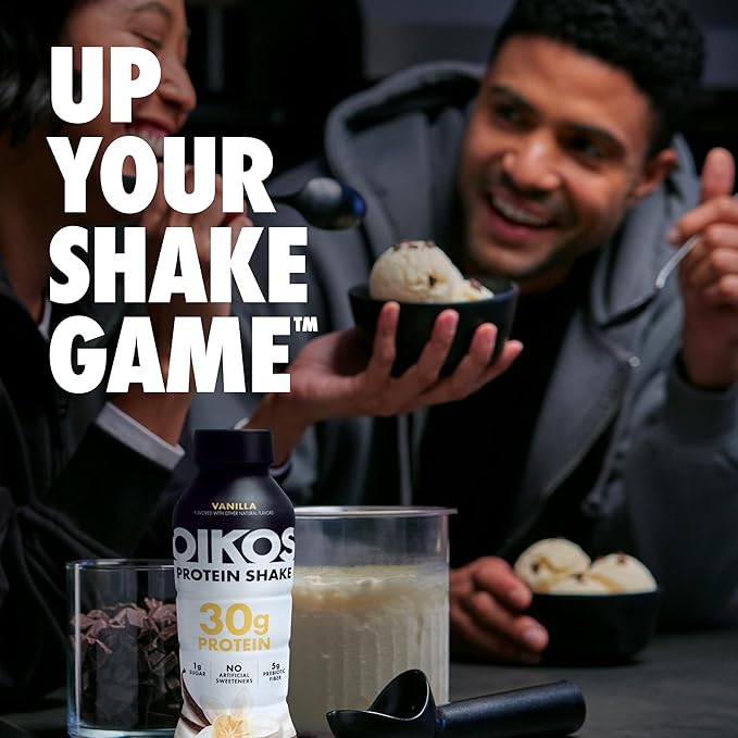 Oikos Protein Shake, Exclusive Variety Pack, 30g High Protein Drinks, Shelf Stable, Ready to Drink, 5g Prebiotic Fiber, 12 fl oz Bottle (4 ct Chocolate, 4 ct Vanilla, 4 ct Salted Caramel)