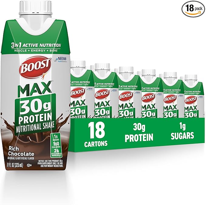 BOOST MAX Protein Shakes Ready to Drink - 30g High Protein Shake - Chocolate | Nutritional Drinks to Support Muscle Recovery After Exercise, 26 Vitamins & Minerals, 1g Sugar, 11 fl oz (Pack of 18)