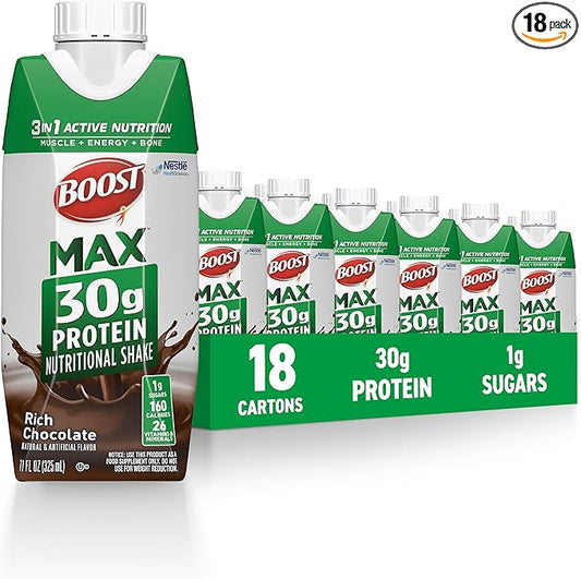 BOOST MAX Protein Shakes Ready to Drink - 30g High Protein Shake - Chocolate | Nutritional Drinks to Support Muscle Recovery After Exercise, 26 Vitamins & Minerals, 1g Sugar, 11 fl oz (Pack of 18)