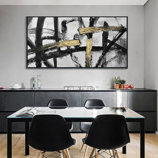 CHATYOUNG Large Framed Wall Art, Black and White Gold Graffiti Modern Abstract Paintings Hand Drawn Textures Canvas Prints Wall Pictures for Bedroom Living Room Office Decor 24 x 48 In