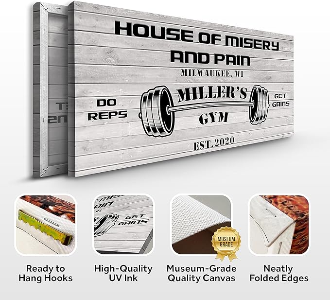 Tailored Canvases Personalized Gym Sign Wall Art Decor - Motivational Canvas for Home Gym, Workout Room, Garage, Fitness Center - Workout Inspirational Posters - House of Misery and Pain, White Wood 48x24in
