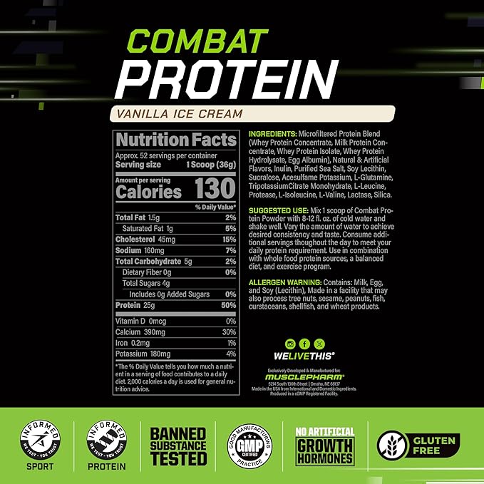 MusclePharm Combat Protein Powder, Vanilla Flavor, Fuels Muscles for Productive Workouts, 5 Protein Sources including Whey Protein Isolate & Egg Albumin, Gluten Free, 4 lb, 52 Servings