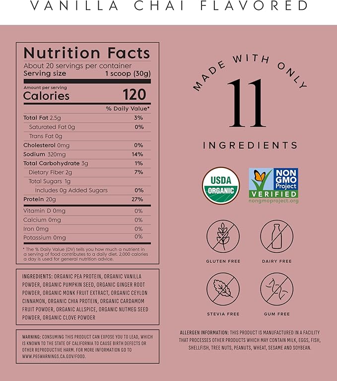 Truvani Vegan Pea Protein Powder | Vanilla Chai | 20g Organic Plant Based Protein | 20 Servings | Keto | Gluten & Dairy Free | Low Carb | No Added Sugar