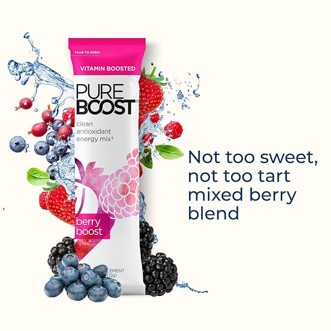 Pureboost Clean Energy Booster, Refreshing Energy Drink Mix with B12 Vitamins, Electrolytes, Antioxidants, Sugar-Free with No Sucralose (Berry Boost, 30 Count)