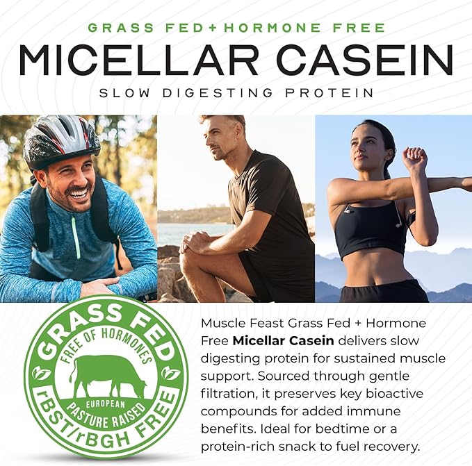 Muscle Feast Grass Fed Micellar Casein Protein Powder, Pasture Raised & Hormone Free, Slow Digesting Casein Protein - Supports Overnight Muscle Recovery, Gluten Free Protein Powder - Vanilla, 4lb