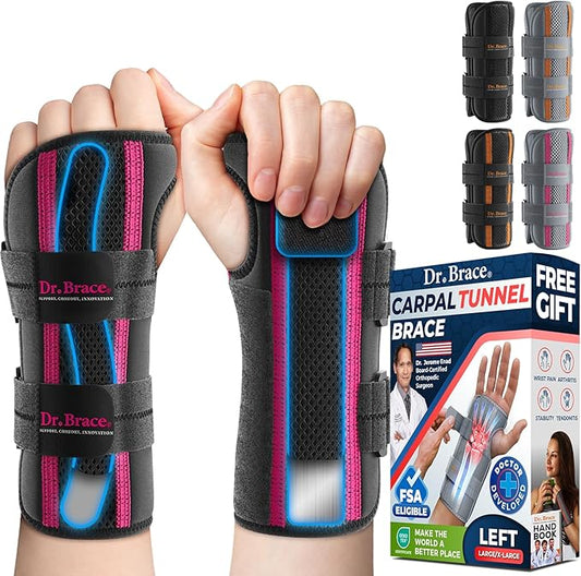 DR. BRACE Adjustable Wrist Brace Night Support for Carpal Tunnel, FSA & HSA Eligible, Doctor Developed, Upgraded with Double Splint & Therapeutic Cushion, Hand Brace For Pain Relief, Injuries, Sprains