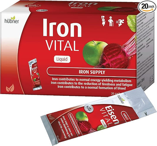 Iron Vital Liquid Iron Supply Plus Vitamin C, Dietary Supplement for Adults and Kids, Vegan and Gluten-Free, Fruit Flavor, Box of 20 Packets, 10 ml Each