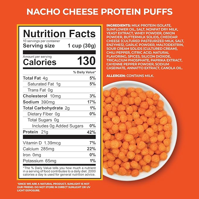 Twin Peaks Protein Puffs - (Nacho Cheese), Keto Friendly, Low Carb Snack (300g, 21g Protein, 2g Net Carbs, High Protein, Healthy Crunchy Snack)