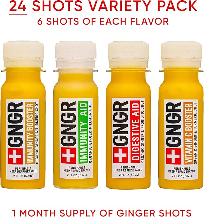 +GNGR 24 Shots Variety Pack of Organic Immunity Boosting Ginger Shots - Cold Pressed Ginger Shots for All Natural Digestive and Immune Support - Nothing Artificial - USDA Organic (2 Fl Oz, 24 Pack)
