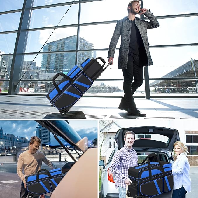 4 Ball Bowling Bags with Wheels, Bowling Ball Bag with Multi-Pockets,4 Ball Bowling Bag with Secure Buckle Fixed Ball Cup & Shoe Compartment,3 Ball Bowling Bag+1 Ball Color Matching Add On Tote