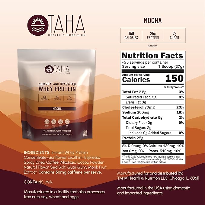 Taha Health & Nutrition Mocha Flavored Whey Protein Concentrate Powder, 25g Protein, 140 Calories, 2g Sugar | New Zealand Grass-Fed, Free-Range Dairy | Gluten and Soy Free, Keto, Kosher | 2LB
