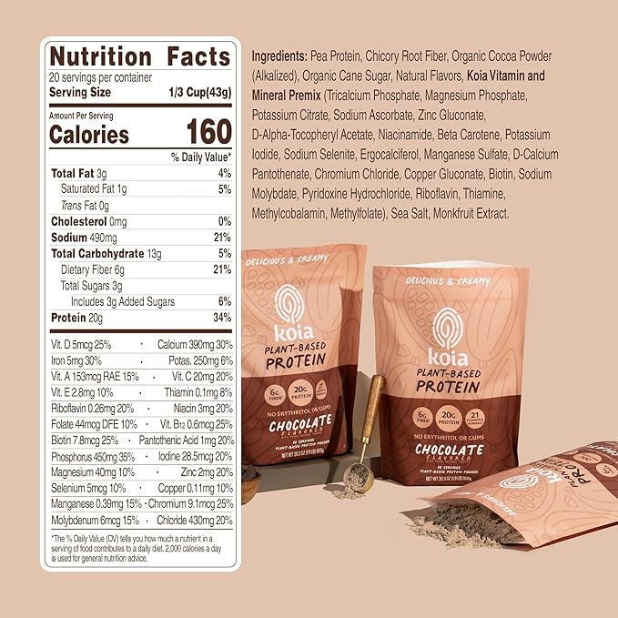 Koia Plant Based Protein Powder, Chocolate, 20g Protein, 3g Sugar, 6g Prebiotic Fiber, Pre & Post Workout, 21 Vitamins & Minerals, No Seed Oils, Dairy-Free, Gluten-Free, Non-GMO, 20 Servings, 28.2 Oz