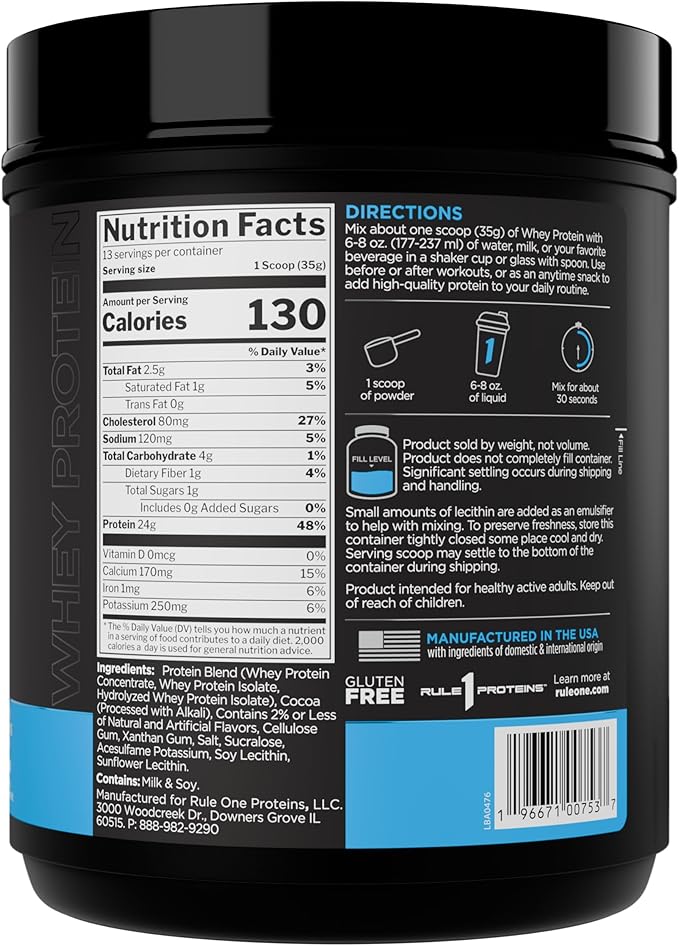 Rule 1 Whey Protein – 24g Fast-Acting Protein from All-Whey Sources with Naturally Occurring EAAs & BCAAs for Workout Recovery or Anytime Use (1 Pound*, Chocolate Fudge)