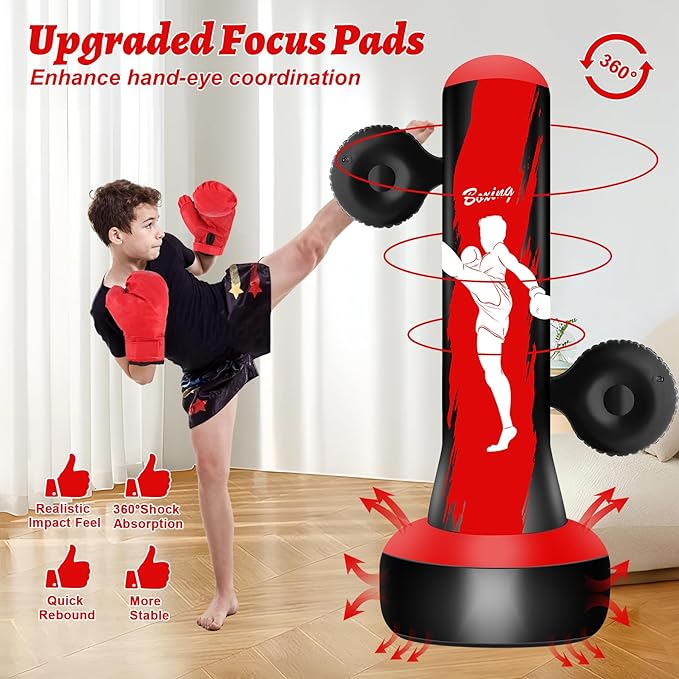 Punching Bag for Kids Teens Boys Girls, 69" Kids Punching Bag with Focus Pads & Gloves, Boxing Bag, Inflatable for Boys Girls Age 3-6-9-12-18 Christmas Birthday Toys