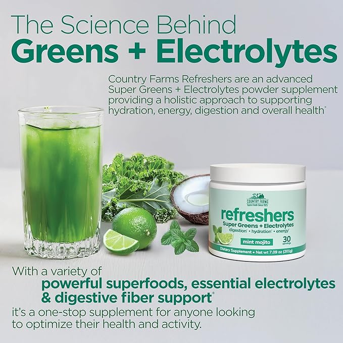 COUNTRY FARMS Refreshers, Super Greens and Electrolytes, Essential Minerals and Superfoods, Hydration Support, Promotes Natural Energy, with Fiber, Mint Mojito, 30 Servings