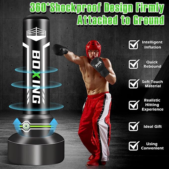 Upgrated Standing Punching Bag for Adults, Boxing Bag with Automatic Built in Air Pump and 12OZ Gloves, 69'' Kicking Bag Boxing Equipment Heavy Bag for Training MMA Muay Thai Fitness