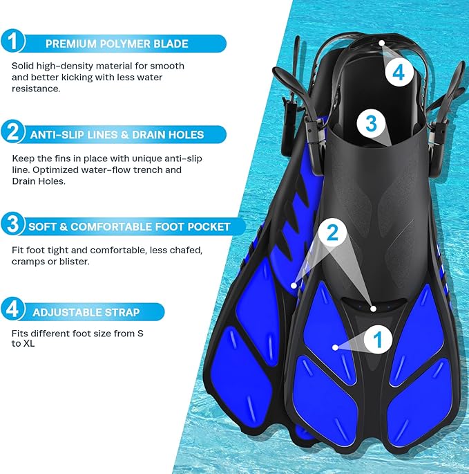ZEEPORTE Mask Fin Snorkel Set, Travel Size Snorkeling Gear for Adults with Panoramic View Anti-Fog Mask, Trek Fins, Dry Top Snorkel and Gear Bag for Swimming Training, Snorkeling Kit Diving Packages