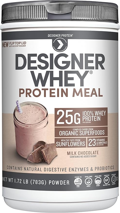 Designer Wellness, Designer Whey Protein Meal Replacement Powder, Organic Superfood Complex Carbs, Vitamins, Minerals, Gluten-Free, Milk Chocolate, 1.72 Pound