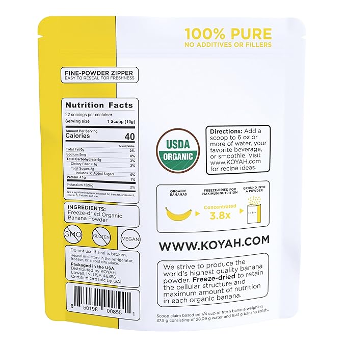 KOYAH - Organic Freeze-dried Banana Powder (1 Scoop = 1/4 Cup Fresh): 22 Servings, 220 g (7.8 oz)
