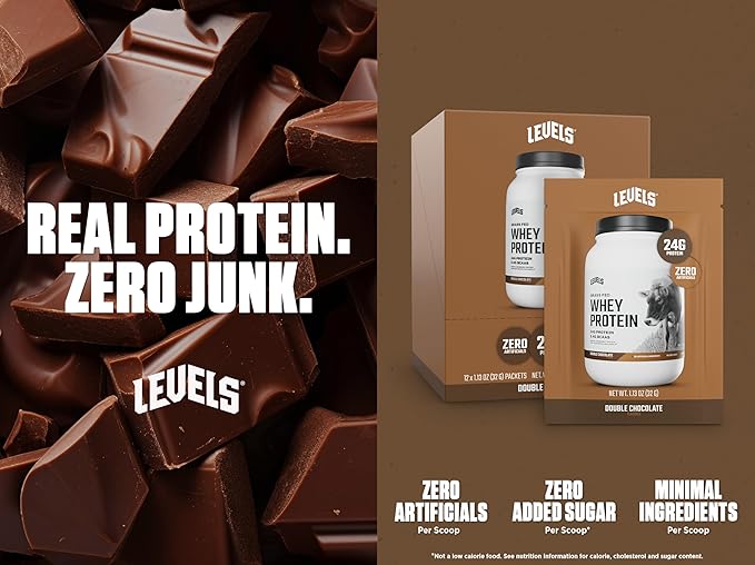 Levels Grass Fed Whey Protein Powder, No Artificials, 24G of Protein, Double Chocolate, 12 Count