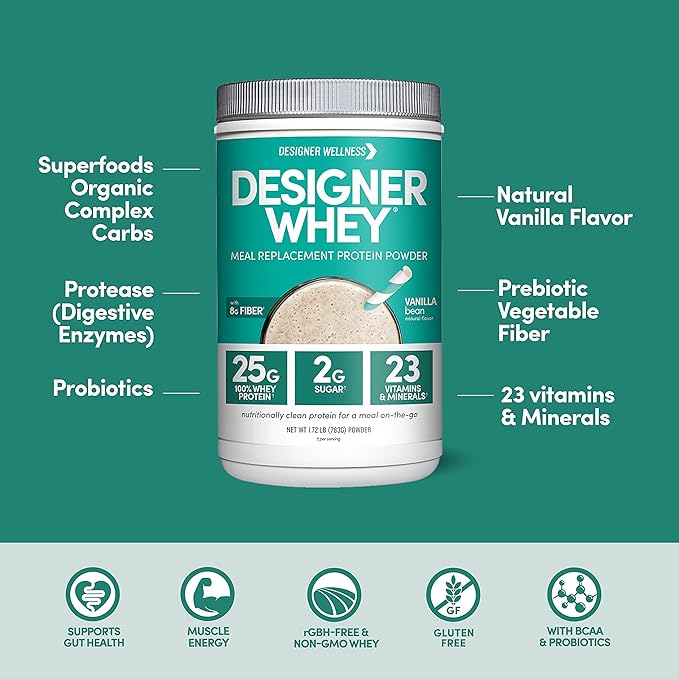 Designer Wellness, Designer Whey Protein Meal Replacement Powder, Organic Superfood Complex Carbs, Vitamins, Minerals, Gluten-Free, Vanilla Bean, 1.72 Pound