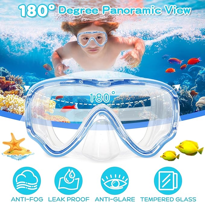 Kids Swim Goggles with Nose Cover, Snorkel Diving Mask Anti-Fog Anti-UV, Snorkeling Gear Swimming Goggles for Kids 3-14 2PCS