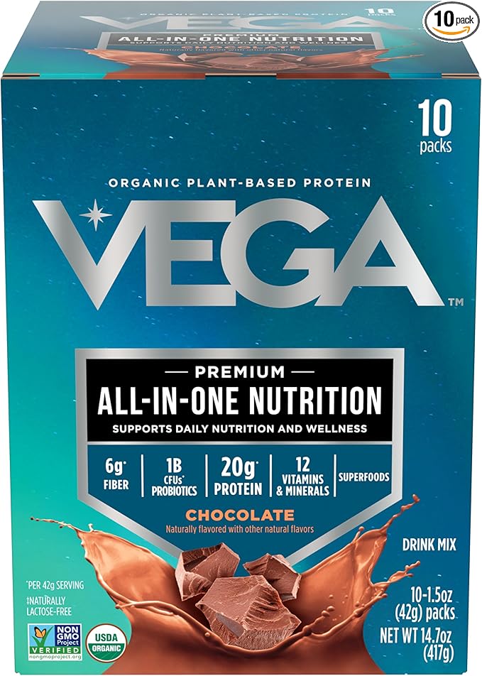 Vega Organic All-in-One Vegan Protein Powder, Chocolate - Superfood Ingredients, Vitamins for Immunity Support, Keto Friendly, Pea Protein for Women & Men, 14.7 oz (Packaging May Vary)