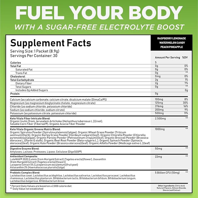 Keto Vitals Keto Electrolytes Plus Greens Superfood Powder Packets - 30 Servings Sugar Free Electrolytes Supplement for Hydration, Energy, Gut Health & Digestion - Super Greens Powder for Hydration