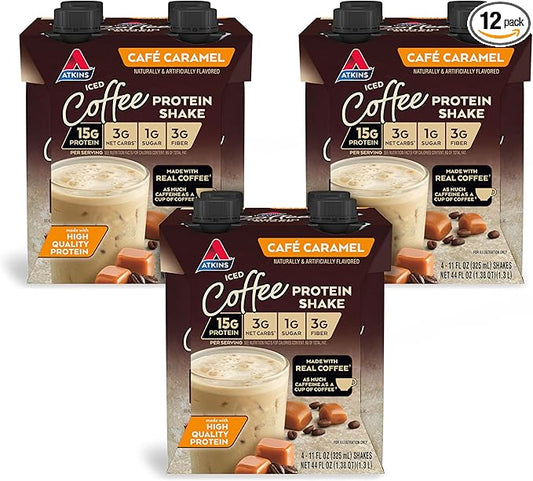 Atkins Café Caramel Iced Coffee Flavored Protein Shake, High Protein Shake, Low Glycemic, Low Carb and Low Sugar, Keto Friendly, Gluten Free, 12 Count
