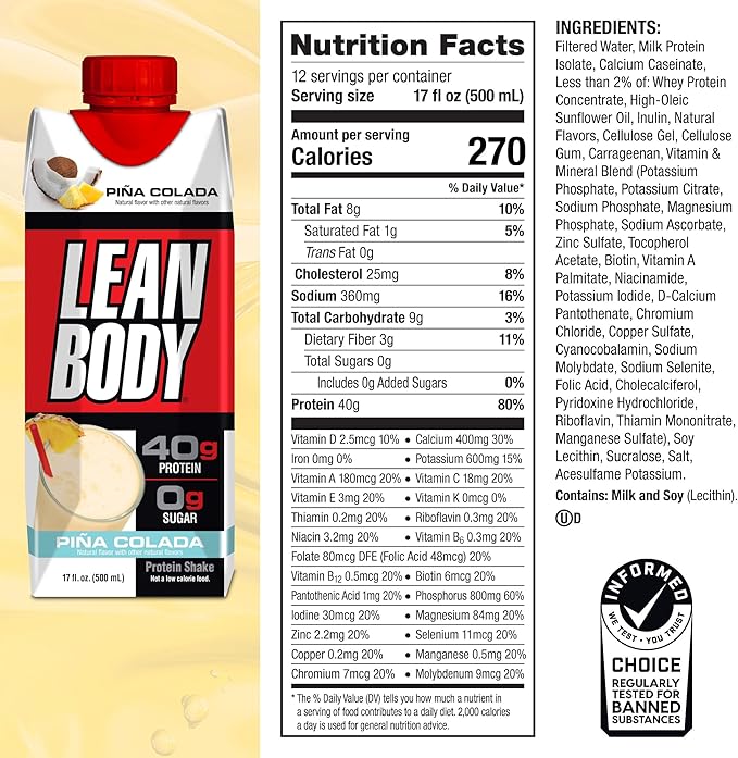 Lean Body Ready-to-Drink Pina Colada Protein Shake, 40g Protein, Whey Blend, 0 Sugar, Gluten Free, 22 Vitamins & Minerals, 17 Fl Oz (Pack of 12)