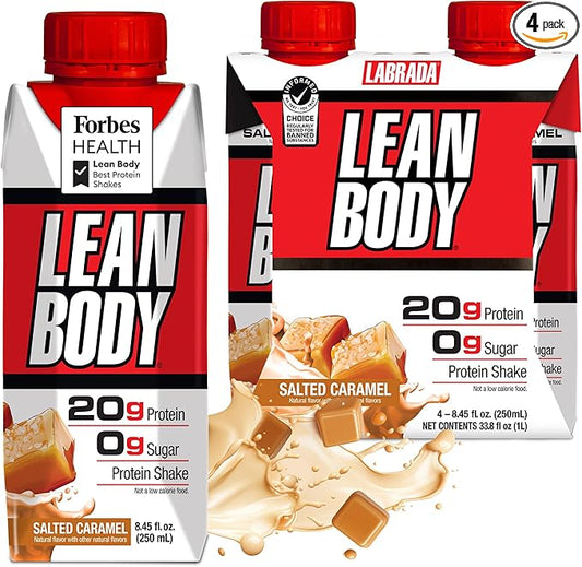 Lean Body Ready-to-Drink Salted Caramel Protein Shake, 20g Protein, Whey Blend, 0 Sugar, Gluten Free, 22 Vitamins & Minerals, (Recyclable Carton & Lid - Pack of 4)