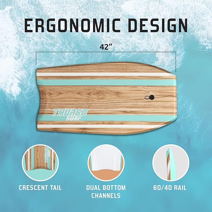 THURSO SURF Quill 42'' Bodyboard Lightweight Durable EPS Core IXPE Deck HDPE Slick Bottom FRP Stringer Crescent Tail Dual Channel Plastic Mesh with Double Stainless Steel Swivel Coiled Wrist Leash