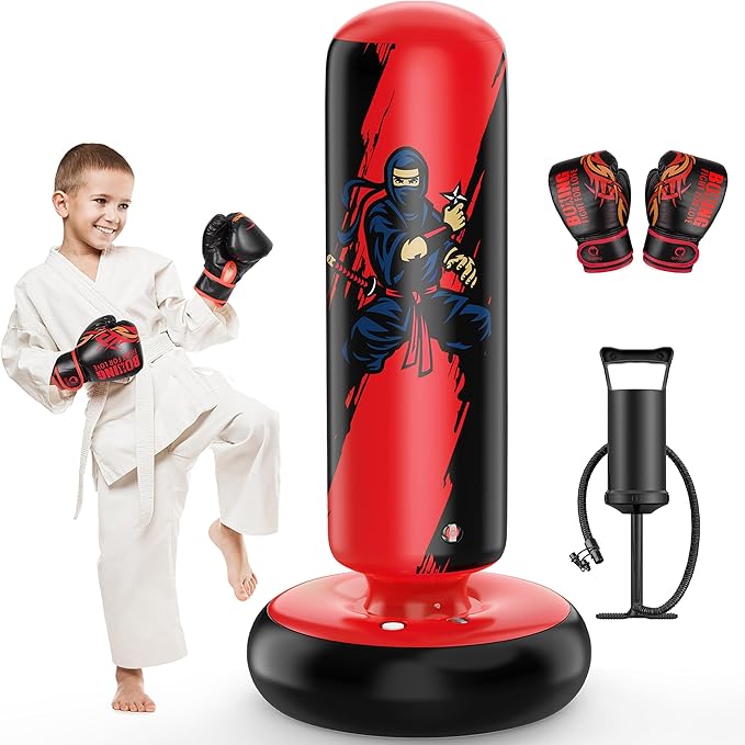 QPAU Punching Bag for Kids, 66 Inch Stable Inflatable Boxing Bag with Boxing Gloves, Stand Kids Punching Bag Toy for Boys & Girls Age 6-12, Boxing Set for Practicing Karate, Taekwondo, MMA