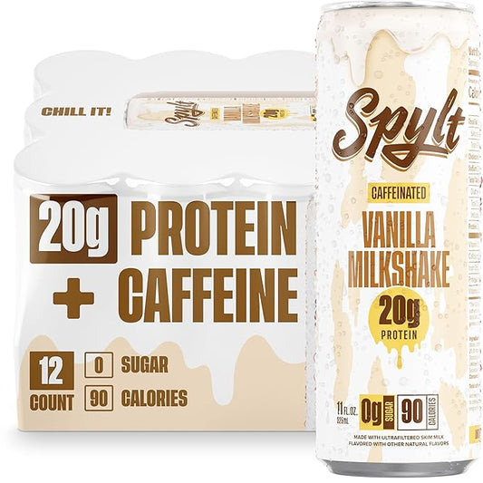 High Protein Vanilla Milkshake with 60mg Caffeine & 20g Protein - 90 Calories, Ready to Drink, Sugar Free, Lactose Free Milk, Perfect for Workout Recovery & Afternoon Pick Me Up - 12 Count