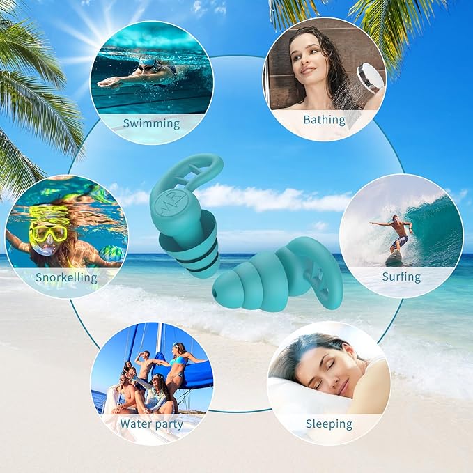 Swimming Ear Plugs for Adults, 6 Pairs Reusable Silicone Waterproof Colorful Swim Earplugs for Swimming Showering Snorkeling Surfing and Water Sports, Water Ear Plugs for Men and Women