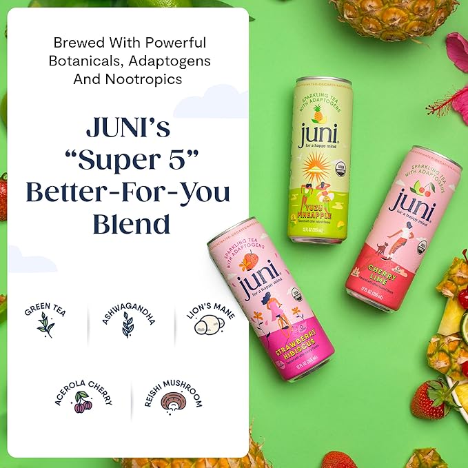 Juni Sparkling Adaptogen Drink with Ashwagandha, Lion’s Mane & Reishi Mushrooms | Green Tea for Focus, Zero Sugar, 5 Calories | Decaffeinated, Non Alcoholic Drinks - Yuzu Pineapple 12 pack