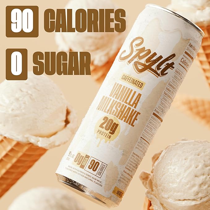 High Protein Vanilla Milkshake with 60mg Caffeine & 20g Protein - 90 Calories, Ready to Drink, Sugar Free, Lactose Free Milk, Perfect for Workout Recovery & Afternoon Pick Me Up - 12 Count