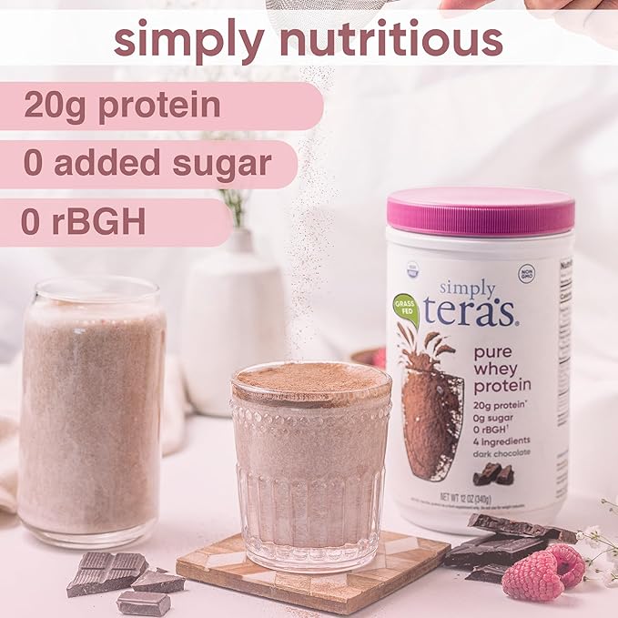 simply tera's Pure Whey Protein Powder - Dark Chocolate Clean Protein Powder, Grass Fed Whey Protein Powder Without Artificial Sweeteners, Clean Label, Non-GMO, Kosher, rBGH-Free - 24 Oz